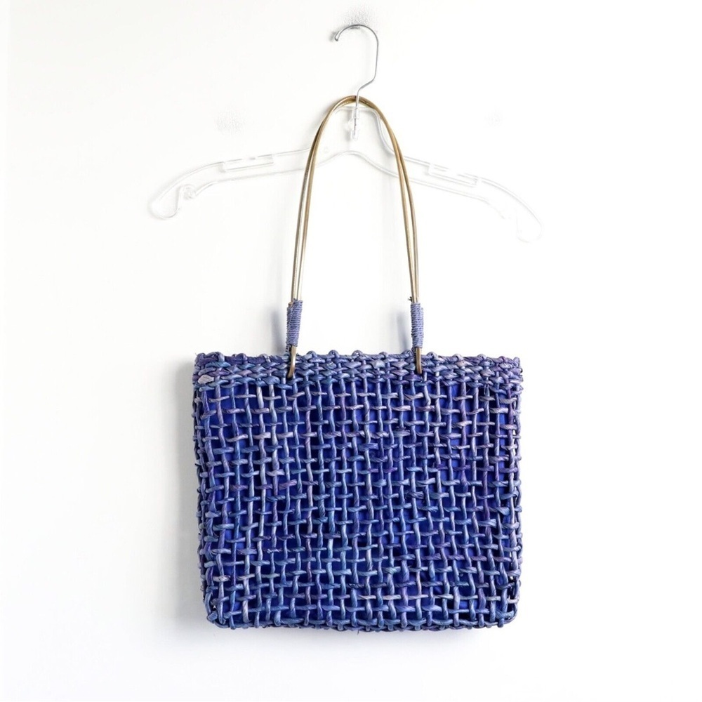 Woven straw wicker basket bag boho summer peasant tote retro indigo vintage 70s